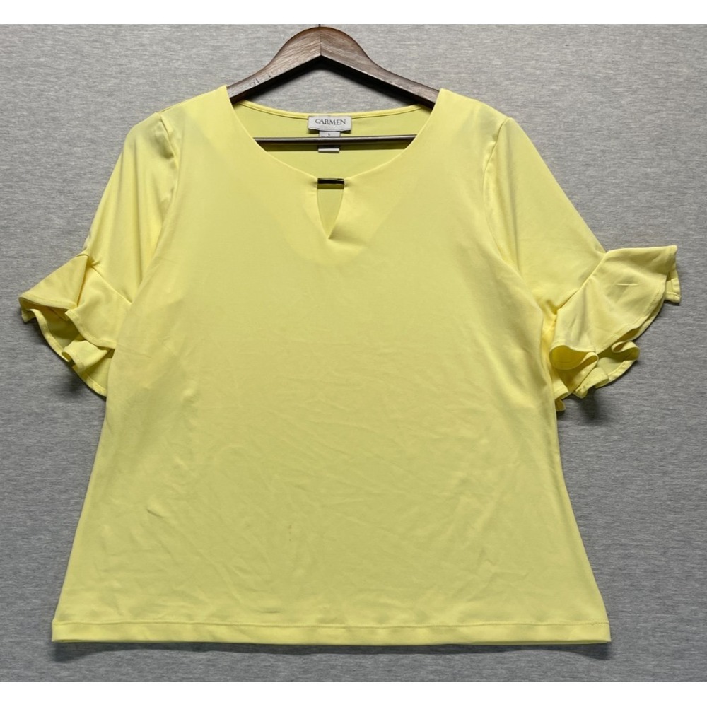 Carmen Marc Valvo Blouse Top Womens L Pastel Yellow V Neck Ruffle Flutter Sleeve
